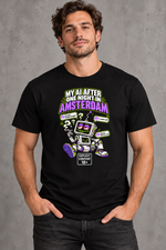 Male model wearing black Amsterdam men's graphic T-shirt with smaller print and Explicit Content 18+ badge