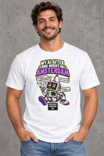 Male model wearing white Amsterdam men's graphic T-shirt with smaller print and Explicit Content 18+ badge