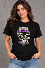Female model wearing black Amsterdam women's graphic T-shirt with smaller print and Explicit Content 18+ badge