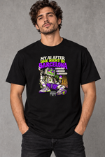 Male model wearing black Barcelona men's graphic T-shirt with smaller print