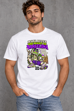 Male model wearing white Barcelona men's graphic T-shirt with smaller print