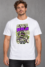 Male model wearing white Berlin men's graphic T-shirt with smaller print