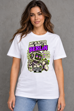 Female model wearing white Berlin women's graphic T-shirt with smaller print