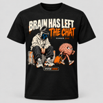 Black men's Brain Has Left the Chat graphic T-shirt with seated hooded character and walking brain carrying orange suitcase.
