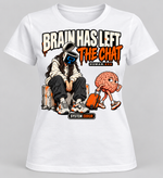White women's Brain Has Left the Chat graphic T-shirt with a seated long-haired character and walking brain with orange suitcase.
