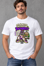 Male model wearing white Bucharest men's graphic T-shirt with smaller print