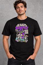 Male model wearing black Budapest men's graphic T-shirt with smaller print