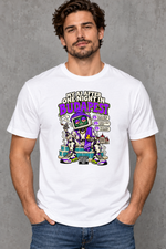 Male model wearing white Budapest men's graphic T-shirt with smaller print
