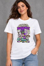 Female model wearing white Budapest women's graphic T-shirt with smaller print