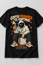Black men's Coffee Required to Continue cotton T-shirt, front graphic