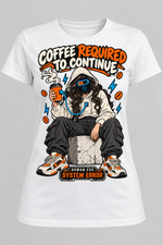 White women's Coffee Required to Continue cotton T-shirt with a hooded female character, orange coffee cup and blue charging cable.