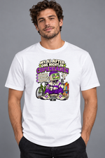 Male model wearing white Copenhagen men's graphic T-shirt with smaller print