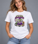 Female model wearing white Copenhagen women's graphic T-shirt with smaller print