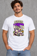 Male model wearing white Lisbon men's graphic T-shirt with smaller print