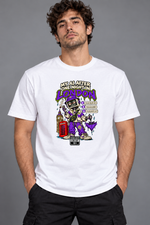 Male model wearing white London men's graphic T-shirt with smaller print
