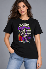 Female model wearing black London women's graphic T-shirt with smaller print