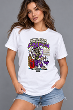 Female model wearing white London women's graphic T-shirt with smaller print