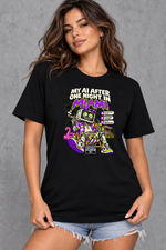 Female model wearing black Miami women's graphic T-shirt with smaller print