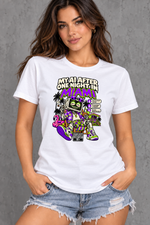 Female model wearing white Miami women's graphic T-shirt with smaller print
