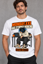 Male model wearing a white Monday.exe Has Stopped Working graphic T-shirt