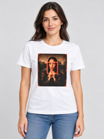 Woman wearing the white Neon Muse standard fit graphic T-shirt