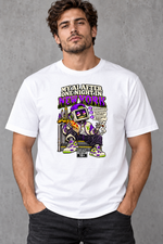 Male model wearing white New York men's graphic T-shirt with smaller print