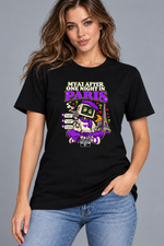 Female model wearing black Paris women's graphic T-shirt with smaller print