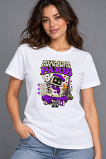 Female model wearing white Paris women's graphic T-shirt with smaller print