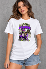Female model wearing white Prague women's graphic T-shirt with smaller print
