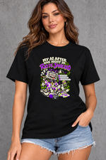 Female model wearing black Rio de Janeiro women's graphic T-shirt with smaller print