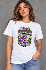 Female model wearing white Rio de Janeiro women's graphic T-shirt with smaller print