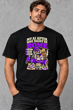 Male model wearing black Rome men's graphic T-shirt with smaller print