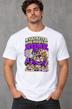 Male model wearing white Rome men's graphic T-shirt with smaller print