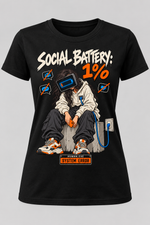 Black women's Social Battery 1% cotton T-shirt with a long-haired low-battery character and blue charging cable.