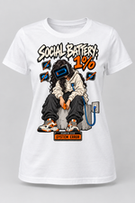 White women's Social Battery 1% cotton T-shirt with long-haired low-battery character, orange phone and blue charging cable.