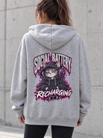 Female model wearing a grey Social Battery Recharging women's hoodie, back view