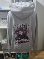 Actual grey Social Battery Recharging women's hoodie, cat graphic on back