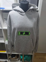 Actual grey Social Battery Recharging women's hoodie, green battery front print