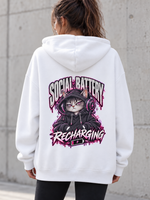 Female model wearing a white Social Battery Recharging women's hoodie, back view