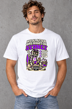 Male model wearing white Sydney men's graphic T-shirt with smaller print
