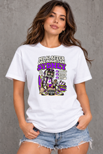 Female model wearing white Sydney women's graphic T-shirt with smaller print