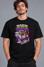 Male model wearing black Tokyo men's graphic T-shirt with smaller print
