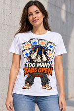 Female model wearing a white Too Many Tabs Open graphic cotton T-shirt