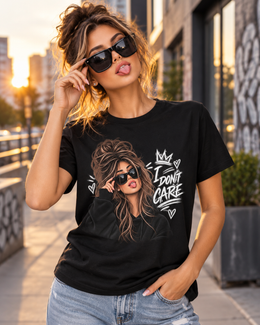 I Don’t Care Women’s Graphic T-Shirt – Black & White