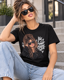 I Don’t Care Women’s Graphic T-Shirt – Black & White