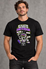 Male model wearing black Amsterdam men's graphic T-shirt with smaller print and Explicit Content 18+ badge