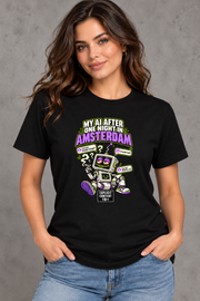 Female model wearing black Amsterdam women's graphic T-shirt with smaller print and Explicit Content 18+ badge