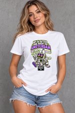 Female model wearing white Amsterdam women's graphic T-shirt with smaller print and Explicit Content 18+ badge