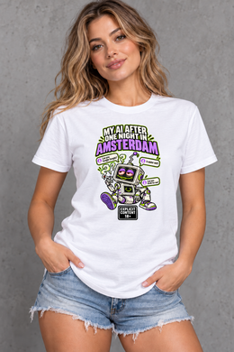 Female model wearing white Amsterdam women's graphic T-shirt with smaller print and Explicit Content 18+ badge