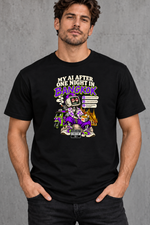 Male model wearing black Bangkok men's graphic T-shirt with smaller print